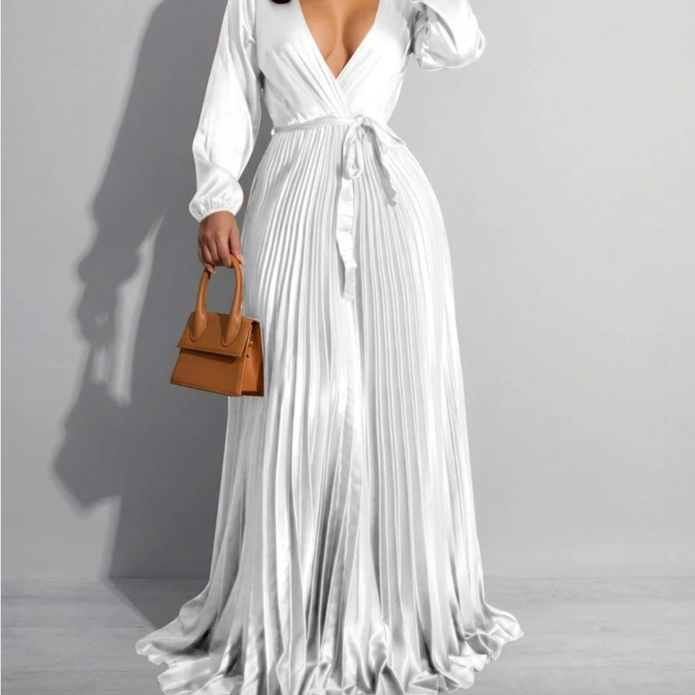 SHEIN White Satin Pleated Maxi Wrap Dress